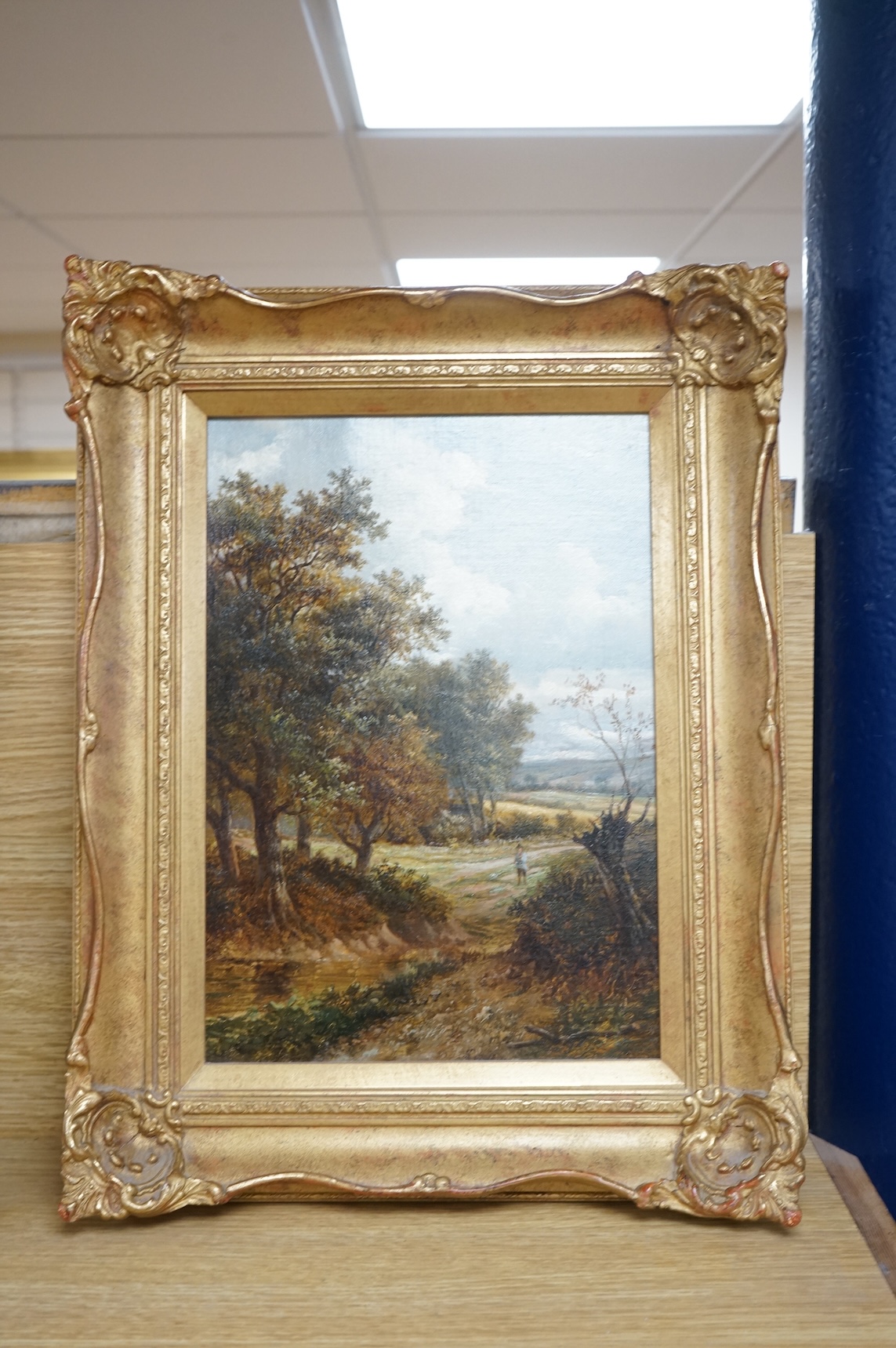 Joseph Thors (fl.1863-1900), Figure on a country track, signed, paperwork and details verso, oil on canvas, 34 x 23cm, ornate gilt frame